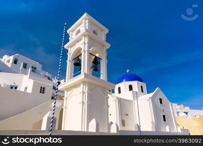 Imerovigli Anastasi Church of the Greek Aegean island, Santorini, in the sunny day, Greece