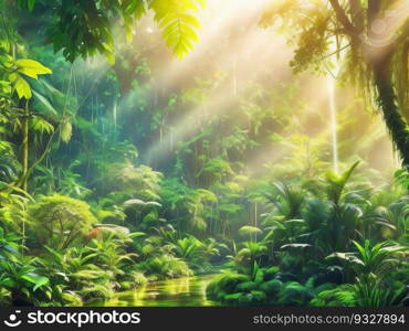 Immerse Yourself in the Beauty of a Fairytale Rainforest, Where Sunbeams Illuminate a Tropical Paradise. Generative AI.