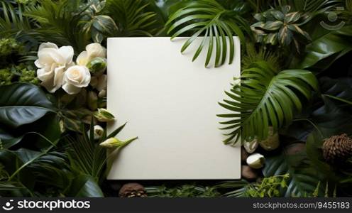Immerse yourself in the soothing embrace of nature with this captivating photo featuring a blank sheet of paper resting gently on a bed of vibrant jungle leaves. The minimalist background enhances the tranquility of the scene, offering a serene space for your thoughts to wander and ideas to bloom.