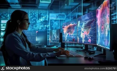 Immersed in a futuristic room aglow with holograms, a woman hacker commands three monitors, expertly navigating the digital realm. This striking illustration underscores the dynamics of modern cybersecurity