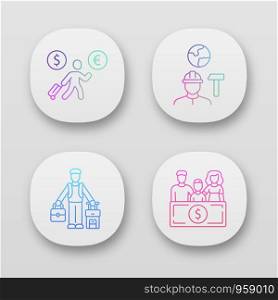 Immigrants app icons set. Economic migrant, family sponsorship immigration. Job for immigrants. Travelling abroad. UI/UX user interface. Web or mobile applications. Vector isolated illustrations