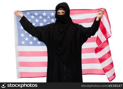 immigration and people concept - muslim woman in hijab with american flag over white background. muslim woman in hijab with american flag