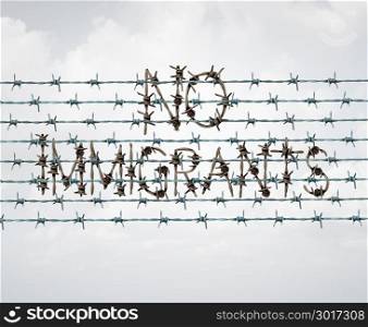 Immigration ban and refugee banned by government policy as extreme vetting of newcomers as a barbed wire fence shaped as text in a 3D illustration style.