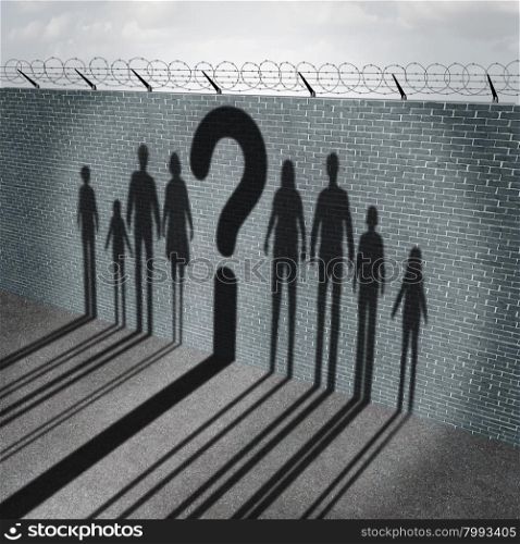 Immigration crisis as foreign people on a border wall for a social issue about refugees or illegal immigrants with the cast shadow of a group of migrating women men and children with a question mark as a symbol of confusion and risk.