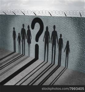 Immigration crisis as foreign people on a border wall for a social issue about refugees or illegal immigrants with the cast shadow of a group of migrating women men and children with a question mark as a symbol of confusion and risk.