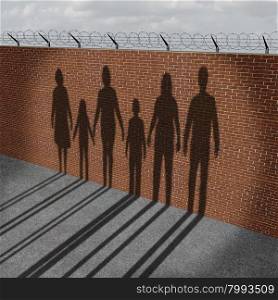 Immigration people on a border wall as a social issue about refugees or illegal immigrants crisis with the cast shadow of a group of migrating women men and children.