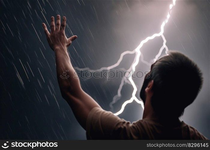 immortality man stretches his arms up during a lightning thunderstorm generative ai.