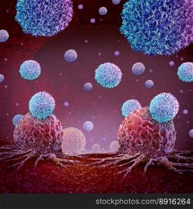 Immune Cancer Therapy or immunology treatment and oncology symbol as Malignant Cancerous Growth and Metastasis anatomy concept as growing tumor cells and CAR T Cell on an organ inside the human body as a 3D illustration.
