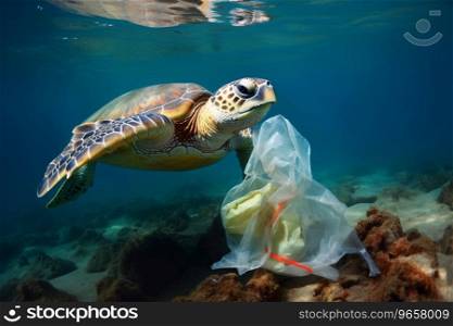 Impact of plastic pollution on sea turtles and ocean animal life. Environmental crisis. Plastic bag pollution in the ocean. Saving marine environments. Environmental problem in ocean. Generative AI.
