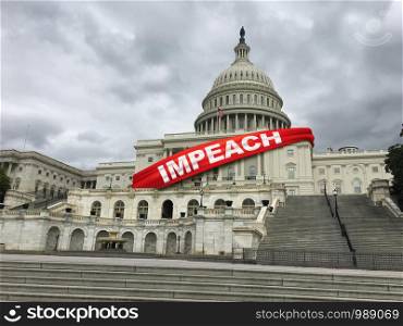 Impeach and impeachment concept as United States congress votes on legislation for impeaching a president or removing a political figure representing government legal procedures in a 3D illustration style.