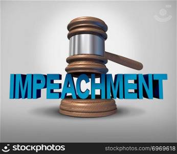 Impeachment law concept as a legal impeach metaphopr for political injustice in society as a judge gavel coming down on an impeachable offence on text as a 3D illustration.