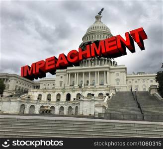 Impeachment proceedings in the United States capital hill congress and government vote to impeach the American president as a political concept of a whistleblower complaint and US political symbol with 3D elements.