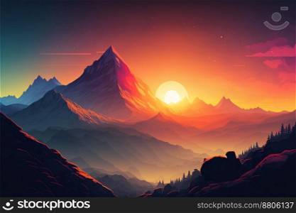 Impressive sun set over the peaks of the mountains