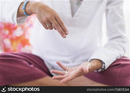 Improving mental focus meditation, hand gesture, power of mind concept.. Focus Meditation Hand Gesture