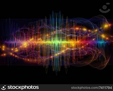 Impulse Oscillation. Optical Flow series. Abstract arrangement of color lines and lights isolated on black background suitable for projects on technology, design and education
