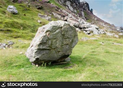 In 1836 this boulder rolled down and demolished a chapel. Drws-y-coed Valley, Snowdonia National Park, Gwynedd, Wales, United Kingdom.