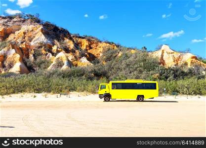 in australia fraser island and the sand track of the bus near the ocean and sky