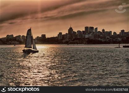 in australia sydney from the bridge the sunrise in the bay and yacht