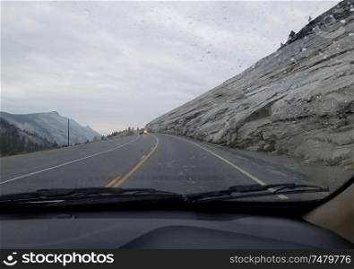 In-car view driving along Tioga Pass Road, Yosemite National Park