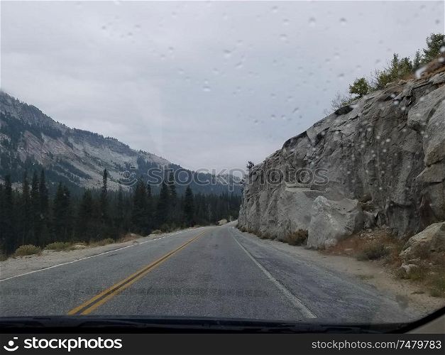 In-car view driving along Tioga Pass Road, Yosemite National Park