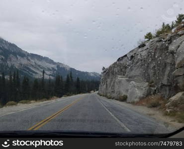 In-car view driving along Tioga Pass Road, Yosemite National Park