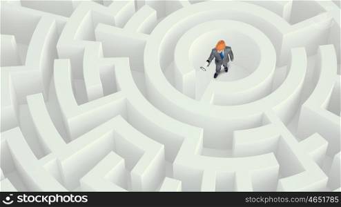 In center of problem Mixed media. Businessman with megaphone standing in center of maze