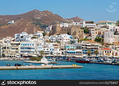 in cyclades island harbor and boat santorini naksos europe house construction old history