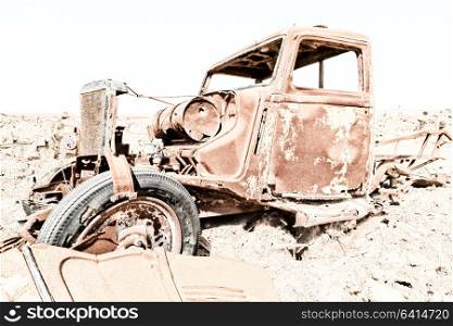 in danakil ethiopia africa in the old italian village rusty antique car and hot