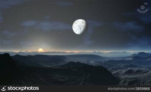 In dark the star sky the planet (moon) flies, nebulas float. Nod the horizon floats the coming sun. Under a flying planet the hills covered with a blue fog.
