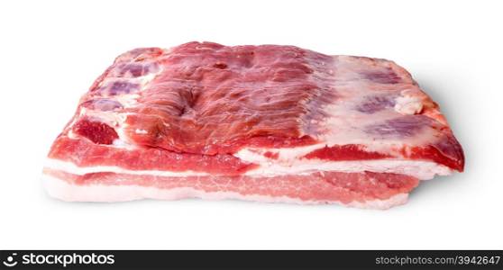 In front big piece bacon isolated on white background