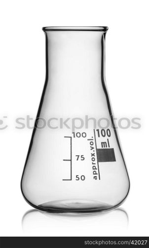 In front glass conical flask isolated on white background