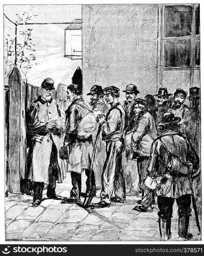 In front of the flophouse of Vaugirard, vintage engraved illustration. Paris - Auguste VITU ? 1890.