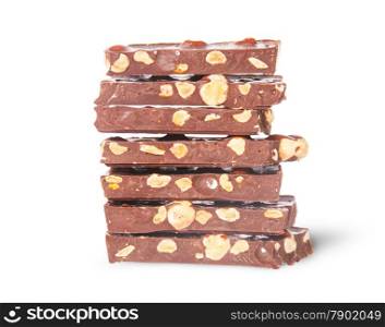 In front stack of seven chocolate bars isolated on white background
