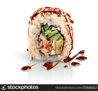 In front sushi roll california food isolated on white background. Sushi roll with eel, vegetables and unagi sauce. Reflection.