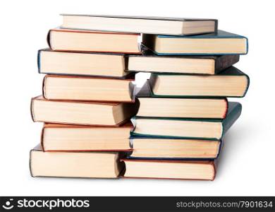 In front two stacks chaotically stacked old books isolated on white background