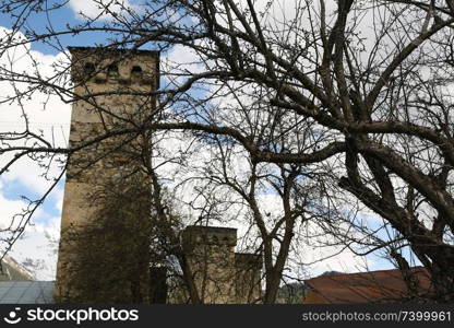 in georgia mestia the old village protect by unnesco and the antique tower for the war
