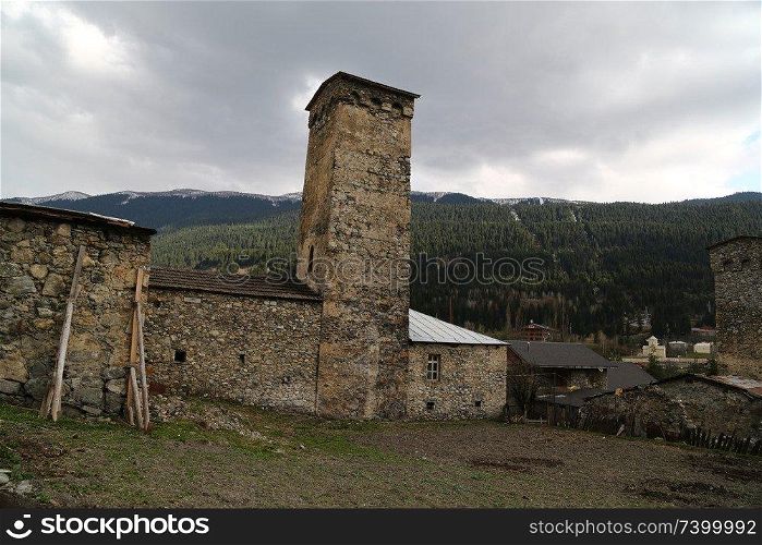 in georgia mestia the old village protect by unnesco and the antique tower for the war
