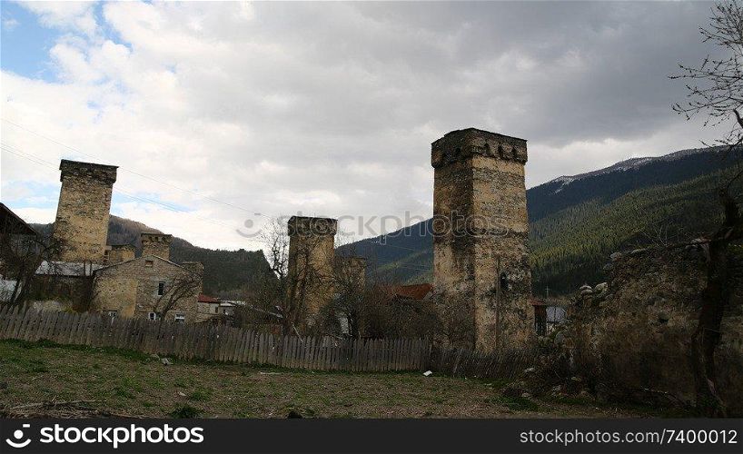in georgia mestia the old village protect by unnesco and the antique tower for the war
