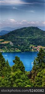in italy landscape panorama of lake and mountain hill beautiful destination