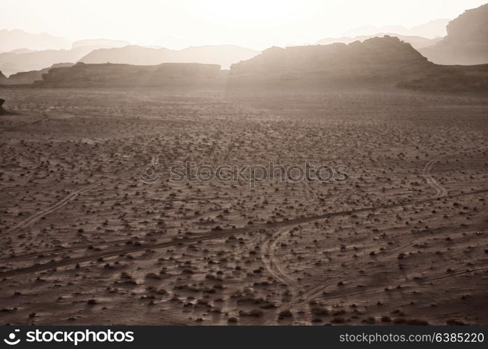 in jordan wadi rum desert the sunrise panoramic scene and light