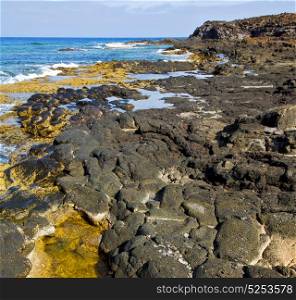 in lanzarote froth coastline spain pond rock stone sky cloud beach water musk and summer