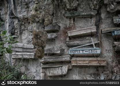 in philipphines the typical hanging cemetery in the mountain cliff