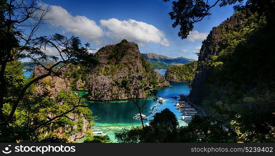 in philippines view from a cliff of the brautiful paradise bay and tropical lagoon