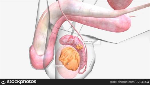 In stage IB, the tumor has spread to the epididymis or vessels within the testicle, spermatic cord, or the scrotum. 3D rendering. In stage IB, the tumor has spread to the epididymis or vessels within the testicle, spermatic cord, or the scrotum.