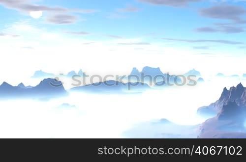 In the blue sky floating white clouds. The mountains stand amid thick fog. Bright sun sets over the horizon, coloring everything in pink.