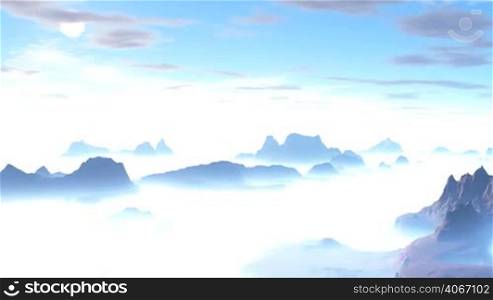 In the blue sky floating white clouds. The mountains stand amid thick fog. Bright sun sets over the horizon, coloring everything in pink.