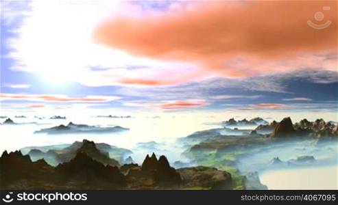 In the blue sky, white and pink clouds float. Bright sun slowly sets. The mountains and green valleys are covered with a thick white mist.