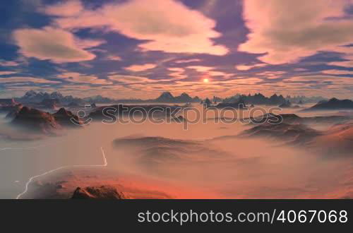 In the blue sky, white clouds slowly swim towards the evening sun. Mountains and hills stand in thick fog. All painted in the colors of the setting sun.