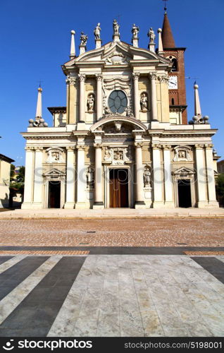 in the busto arsizio old church closed brick tower sidewalk italy lombardy