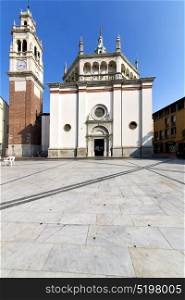 in the busto arsizio old church closed brick tower sidewalk italy lombardy